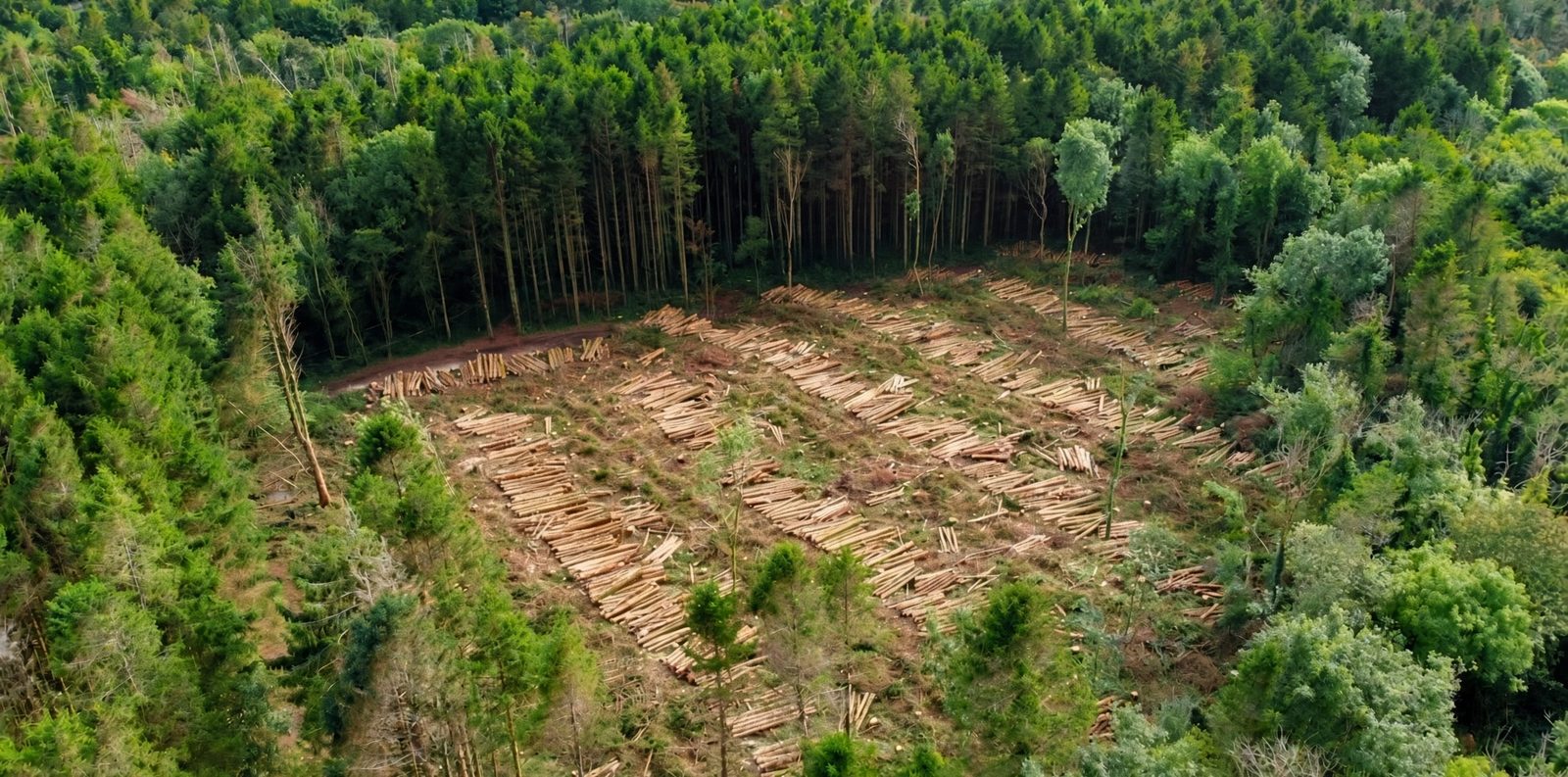 Aerial drone view of a clearfelled area of Merlin Woods, with rows of cut logs on bare ground surrounded by standing forest