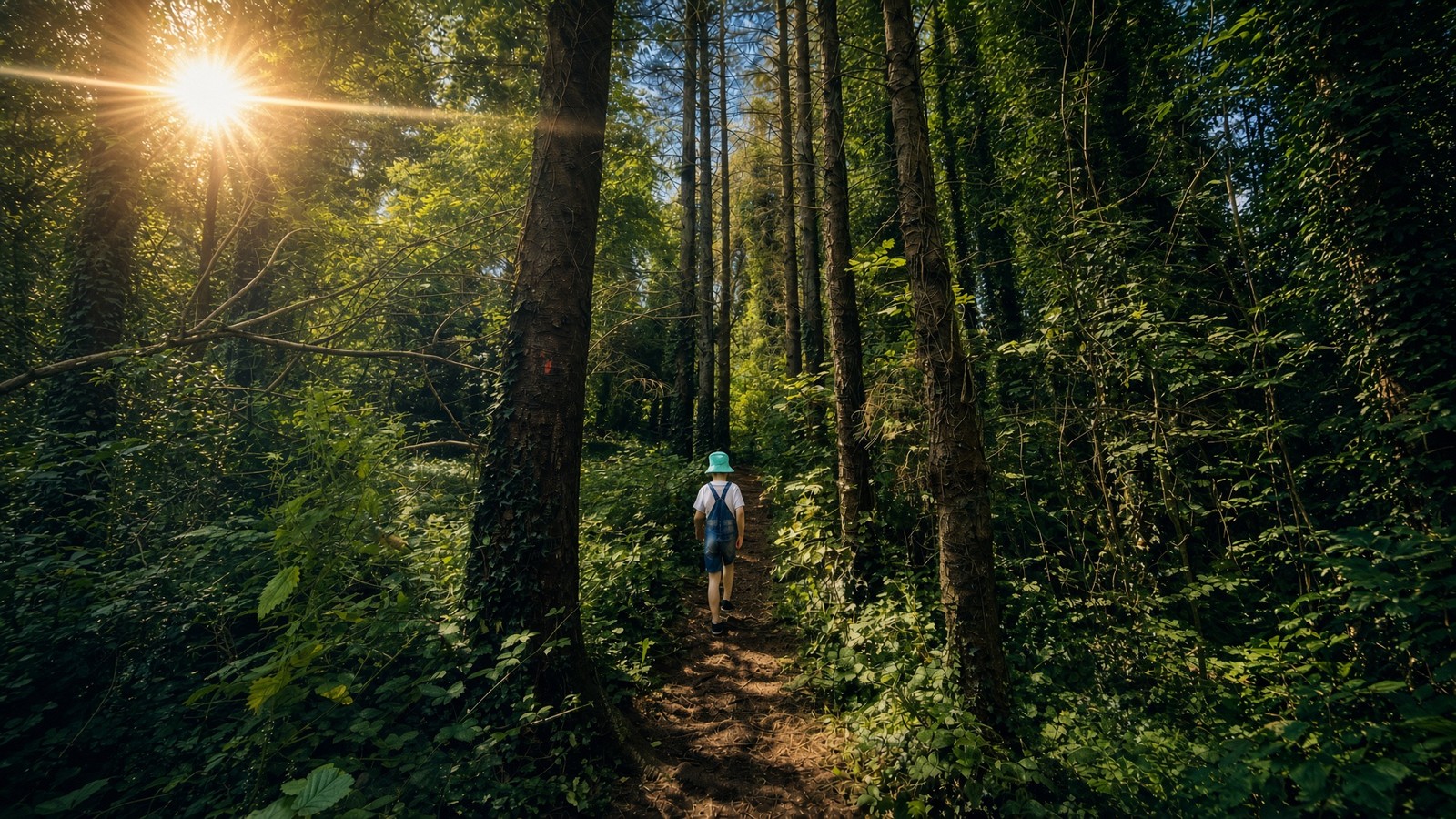 A child walking down a sunlit woodland trail in Merlin Park Woods